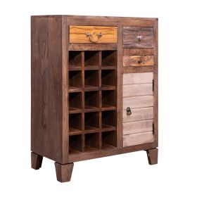 35 Inch 3 Drawer Mango Wood 15 Bottle Wine Accent Cabinet with 1 Door Storage; Brown